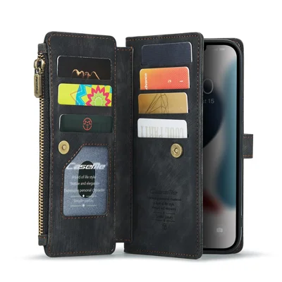 For iPhone 12 Pro Max Phone Cases with Strap CASEME C30 Zipper Multiple Card Holder PU Leather Cover - Black