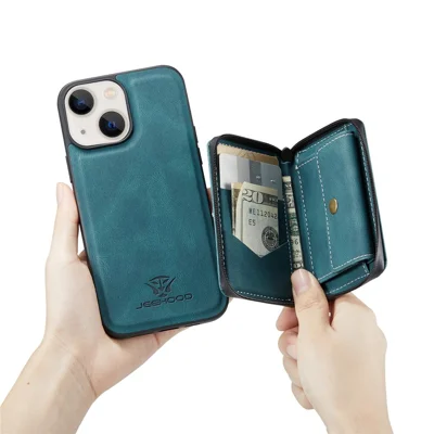JEEHOOD Kickstand Design Well-Protected Magnetic Detachable 2-in-1 Hybrid Case with Zipper Closure Wallet for iPhone 13 mini 5.4 inch - Green
