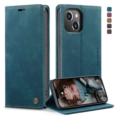 CASEME 013 Series Wallet Design Anti-Drop Magnetic Auto-absorbed PU Leather Flip Folio Phone Case with Stand for iPhone 13 6.1 inch - Blue