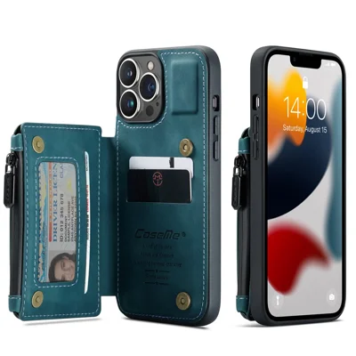 CASEME C20 Series Scratch Resistant Shockproof Phone Cover Zipper Pocket Card Slots Wallet Design PU Leather and TPU Back Case for iPhone 13 Pro Max 6.7 inch - Blue