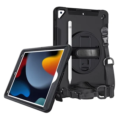 غطاء هجين واقي من السقوط مع حامل قابل للدوران وشريط يد وحامل قلم وحزام كتف لجهاز iPad 10.2 (2019)/(2020)/(2021) - أسود
