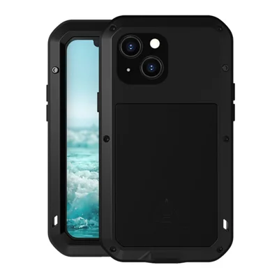 LOVE MEI Stoßfest, Tropffest, Staubschutz Metall + Silikon Handy Hybrid Hülle mit Gehärtetem Glasfolie Abdeckung für iPhone 13 mini 5,4 Zoll – Schwarz