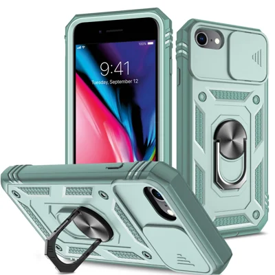 Ring Kickstand Hard PC Back + Soft TPU Edge Protective Shockproof Case mit Kameraabdeckung für iPhone 6 / SE (2022) / SE (2020) / 8 / 7 - Grün/Grün