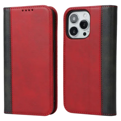 Flip Phone Cover for iPhone 13 Pro 6.1 inch Auto-absorbed Bi-color Splicing Design Leather Wallet Phone Shell Case - Red/Black