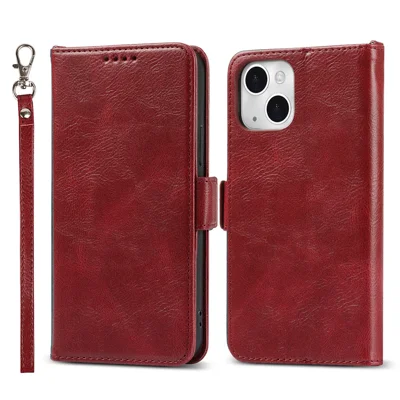 Retro Style Phone Shell Case RFID Blocking Magnetic Closure Wallet Phone Cover for iPhone 13 mini 5.4 inch - Red