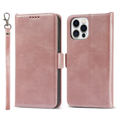 Flip Phone Case With Strap Supporting Stand RFID Blocking Magnetic Closure Wallet Phone Cover for iPhone 13 Pro 6.1 inch - Rose Gold
