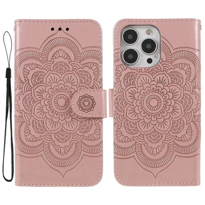 PU Leather Imprinting Mandala Flower Phone Cover Stand Wallet Case for iPhone 13 Pro Max 6.7 inch - Rose Gold