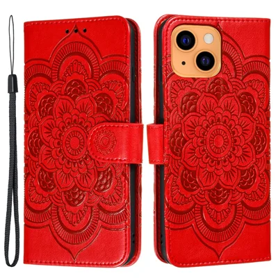 Imprimerad mandala blomma skrårsäker läder mobilhölse ställfunktion plånbok skyddshölse till iPhone 13 mini 5,4 tum - Röd