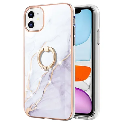 Case with Ring Kickstand Marble Pattern Electroplating TPU Back Cover for iPhone 11 6.1 inch - White 006