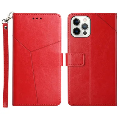 Imprinting Y-shape Line PU Leather Phone Stand Case Wallet Cover with Wrist Strap for iPhone 13 Pro 6.1 inch - Red