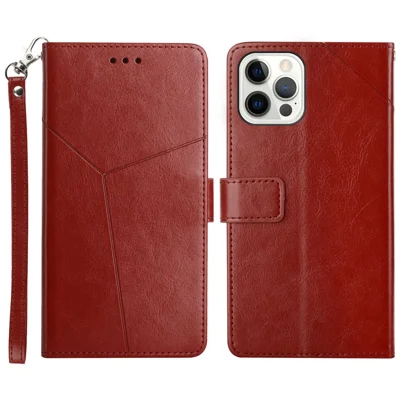 Y-shaped Line Imprinted Full Protection Leather Phone Case Stand Wallet Cover with Strap for iPhone 13 Pro Max 6.7 inch - Wine Red