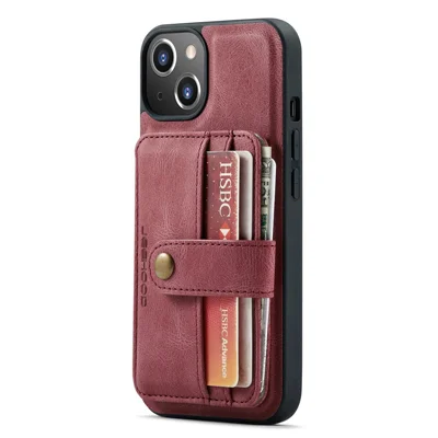 JEEHOOD RFID Blocking Detachable 2-in-1 Magnetic Card Slots Anti-scratch PU Leather Phone Case for iPhone 13 6.1 inch - Red