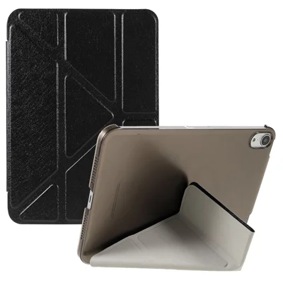 Silk Texture Origami Stand PU Leather Cover + Hard PC Back Panel Tablet Cover Case for iPad mini (2024) / mini (2021) - Czarny