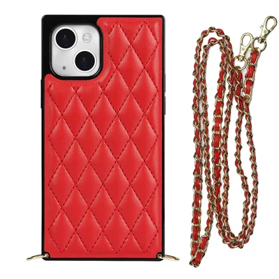 Phone Cover Soft TPU+Microfiber Leather Phone Back Case with Shoulder Strap for iPhone 13 6.1 inch - Red