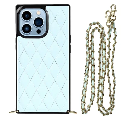 Shockproof Rhombus Grid Microfiber Leather and TPU Phone Back Case Phone Cover with Metal Long Shoulder Strap for iPhone 13 Pro 6.1 inch - Blue