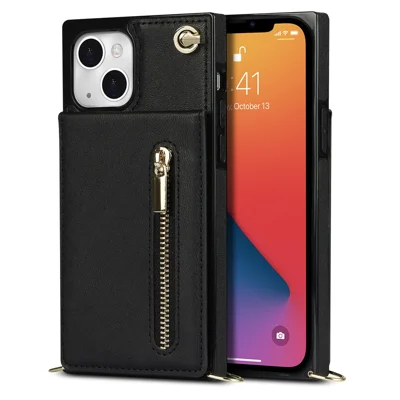 PU Leather Kickstand Phone Shell Anti-fall Shoulder Bag Zippered Wallet Pouch with Shoulder Strap for iPhone 13 6.1 inch - Black