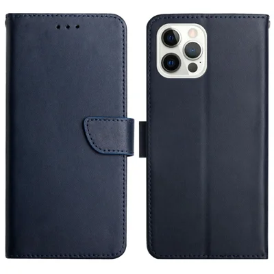 Nappa Texture Solid Color Cover Wallet Genuine Leather Phone Case Shell with Stand for iPhone 13 Pro 6.1 inch - Blue