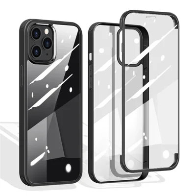 Shock Resistant Double-sided Tempered Glass Phone Case Phone Covering with TPU Edge for iPhone 13 Pro Max 6.7 inch - Black