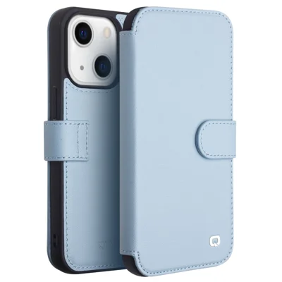 QIALINO Genuine Cowhide Leather Wallet Protective Phone Case Cover for iPhone 13 mini 5.4 inch - Blue