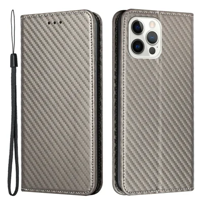Carbon Fiber Texture Stand Function Auto Closing Magnetic Leather Case with Wallet for iPhone 12/12 Pro 6.1 inch - Grey