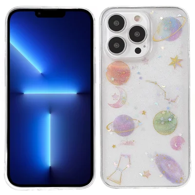 Stylish Star Planet Printing Stickers Design Anti-Scratch Epoxy Soft TPU Case for iPhone 13 Pro 6.1 inch - Transparent