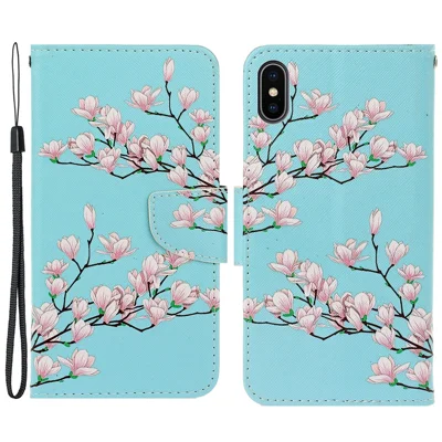 Wallet Stylish Pattern Printing PU Leather Case Magnetic Flip Stand Folio Cover with Strap for iPhone X/XS 5.8 inch - Pink Flower