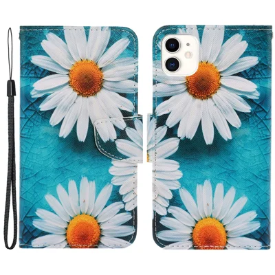 Wrist Strap Pattern Printing PU Leather Wallet Case Magnetic Flip Stand Folio Cover for iPhone 11 6.1 inch - Daisies