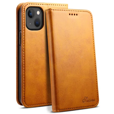 SUTENI Goed beschermd hoesje met structuurmotief, antivalt, magnetisch, automatisch sluitend portemonneehoesje van leer met standaard voor iPhone 13 6,1 inch - Kaki