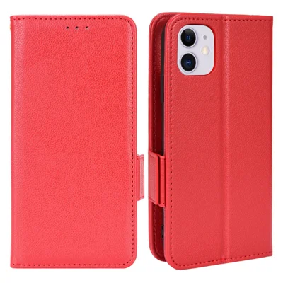 For iPhone 11 6.1 inch Magnetic Smartphone Shell Litchi Texture Anti-fingerprint PU Leather Stand Wallet Case Mobile Phone Cover - Red
