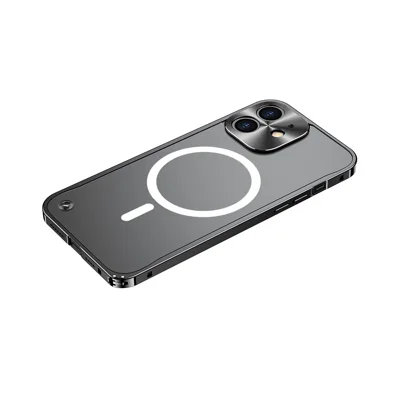 For iPhone 12 6.1 inch Scratch-proof Matte Phone Case Hard PC Metal Frame Hybrid Transparent Protective Cover with Magnetic Wireless Charging - Black
