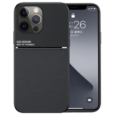 For iPhone 13 Pro 6.1 inch Textured Anti-drop TPU + PU Leather Precise Cutout Phone Case with Built-in Magnetic Metal Sheet - Black