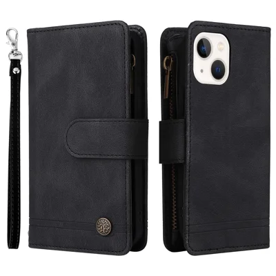 Mobile Phone Stripes Imprinted Skin-touch Wallet Stand Leather Cover Card Slots Flip Protective Case with Zipper Pocket for iPhone 13 mini 5.4 inch - Black