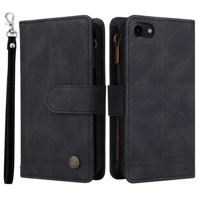 Skin-touch Stripes Imprinted Leather Cover Card Slots Flip Wallet Stand Protective Case with Zipper Pocket for iPhone SE (2022)/SE (2020)/8/7 - Black
