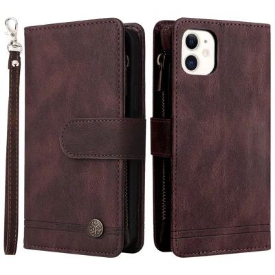 Tree Pattern Hardware Stripes Imprinted Skin-touch Wallet Stand Leather Cover Card Slots Flip Protective Case with Zipper Pocket for iPhone 11 6.1 inch - Brown