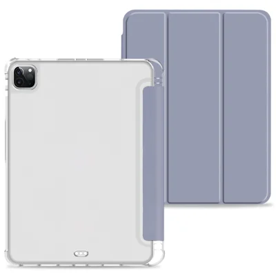 For iPad Pro 11 (2020) / (2021) / (2022) Shockproof Case Anti-drop Protective Cover Transparent Tablet Case with Trifold Stand / Pencil Slot - Purple