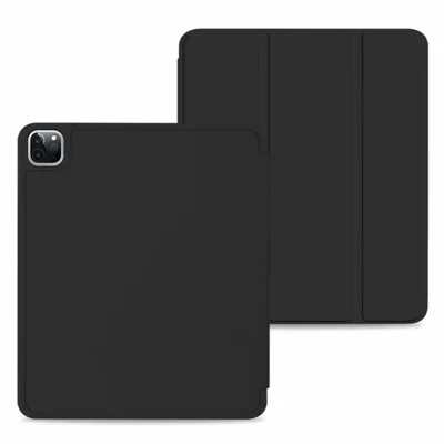 PU Leather Auto Wake/Sleep Tablet Cover Tri-fold Stand Case with Pen Slot for iPad Pro 12.9-inch (2021) - Black