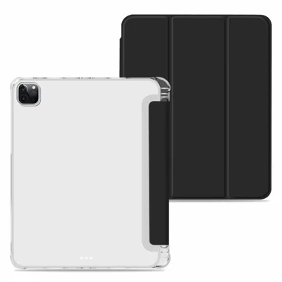 Pen Slot Design Transparent TPU + PU Leather Auto Wake/Sleep Tri-fold Tablet Protective Cover Case for iPad Pro 12.9-inch (2021) - Black
