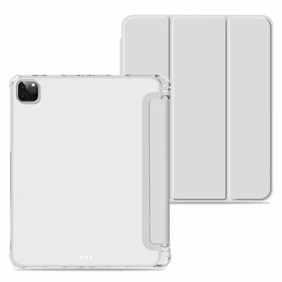 Pen Slot Design Transparent TPU + PU Leather Auto Wake/Sleep Tri-fold Tablet Protective Cover Case for iPad Pro 12.9-inch (2021) - Light Grey