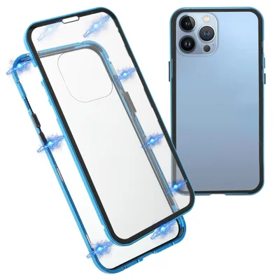 For iPhone 13 Pro 6.1 inch Metal Bumper + Double-sided Tempered Glass Phone Case Anti-peep Magnetic Protective Cover - Blue