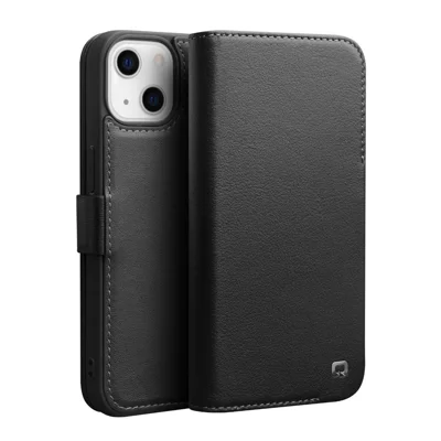 QIALINO Magnetic Closure Flip Folio Wallet Design Genuine Leather Cover Phone Case for iPhone 13 6.1 inch - Black