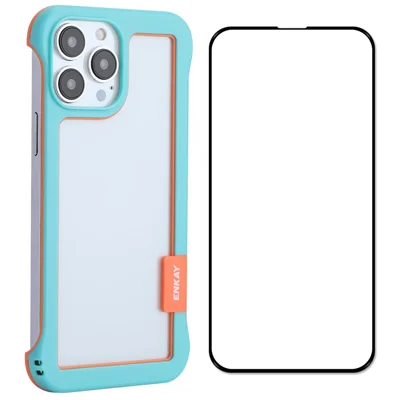 ENKAY HAT PRINCE Slim Phone Case with 9H Tempered Glass Screen Protector for iPhone 13 Pro Max 6.7 inch Heat Dissipation Frameless Phone Shell Scratch-Resistance Protective Cover - Blue