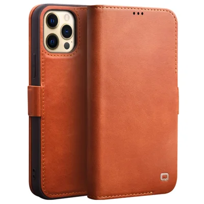 QIALINO For iPhone 12 Pro 6.1 inch Magnetic Clasp Genuine Leather Phone Case Wallet Stand Protective Cover - Brown