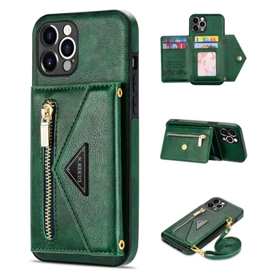 N.BEKUS for iPhone 12 Pro Max 6.7 inch Kickstand Design Wallet Well-protected PU Leather + TPU Cell Phone Case with Long Lanyard - Blackish Green