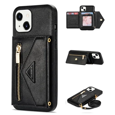 N.BEKUS for iPhone 13 6.1 inch Long Lanyard Anti-fall Wallet PU Leather + TPU Mobile Phone Case with Kickstand - Black