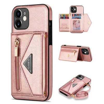 N.BEKUS for iPhone 12 mini 5.4 inch Kickstand Design Wallet Anti-scratch Drop-proof PU Leather + TPU Mobile Phone Case with Long Lanyard - Pink