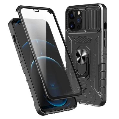 Hard PC + Soft TPU Phone Case for iPhone 11 Pro 5.8 inch, Full Coverage Kickstand Cover with Tempered Glass Screen Protector - Black