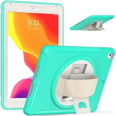 For iPad 9.7-inch (2017)/(2018)/iPad Pro 9.7-inch (2016)/iPad Air (2013)/Air 2 PC + Silicone Case  Rotary Kickstand Tablet Protective Cover with Hand Strap - Mint Green