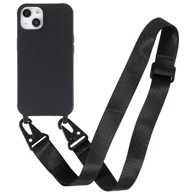 For iPhone 13 6.1 inch Soft TPU Matte Finish Protective Cell Phone Back Cover with Shoulder Strap - Black