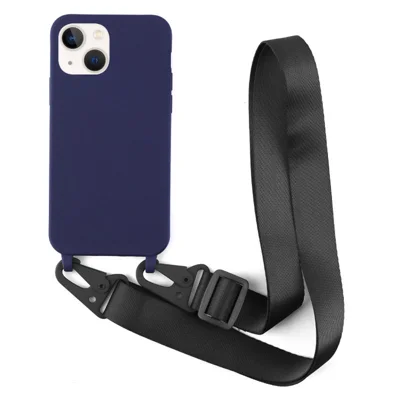 For iPhone 13 mini 5.4 inch Matte Finish Lightweight Phone Case Soft TPU Protective Cover with Long Shoulder Strap - Dark Blue