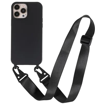 For iPhone 13 Pro Max 6.7 inch Shoulder Strap Design Matte Drop-proof Mobile Phone Case Soft TPU Cover - Black